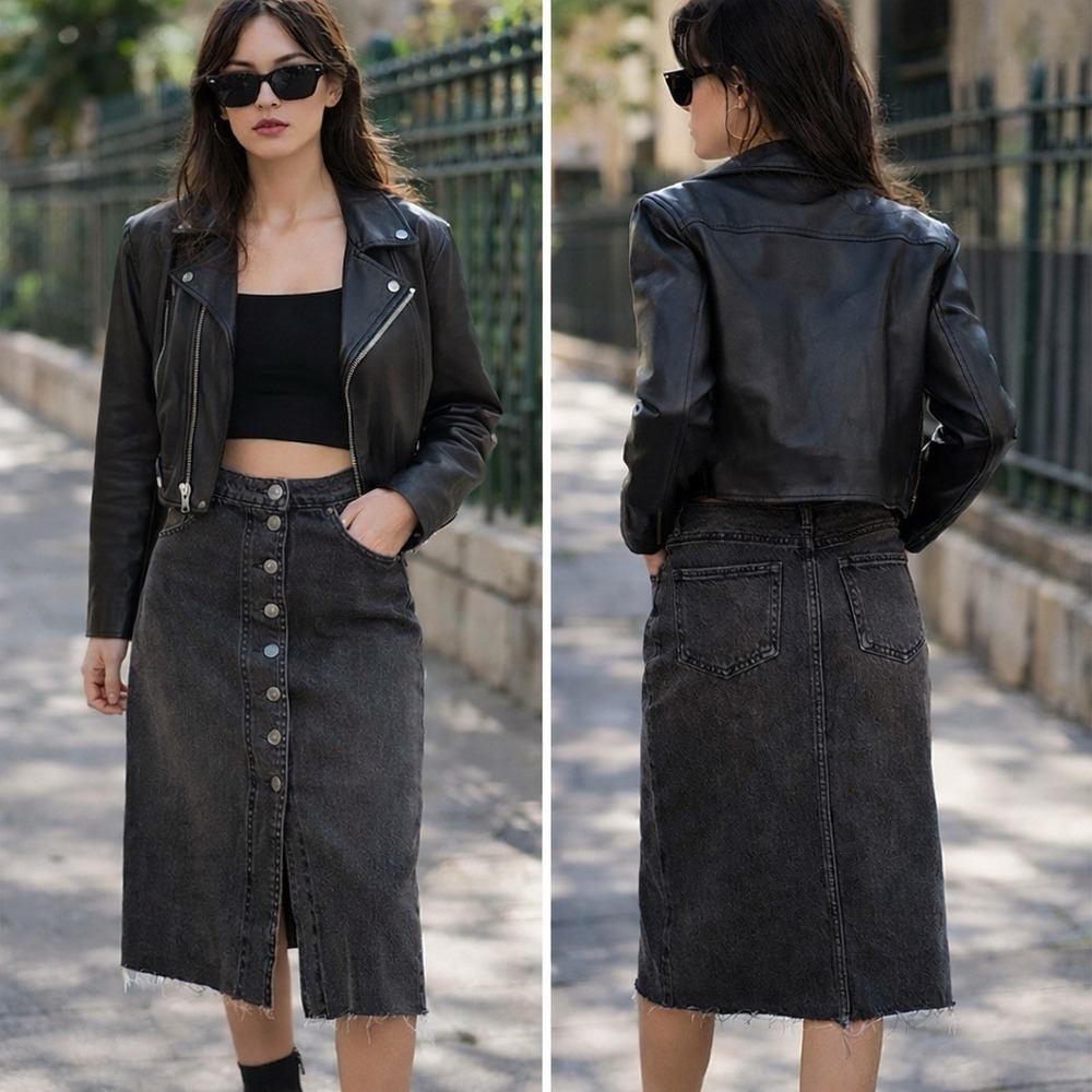 Abercrombie & Fitch Black Denim Skirt Sz 6 Ultra Hi Rise Button Down Raw Hem